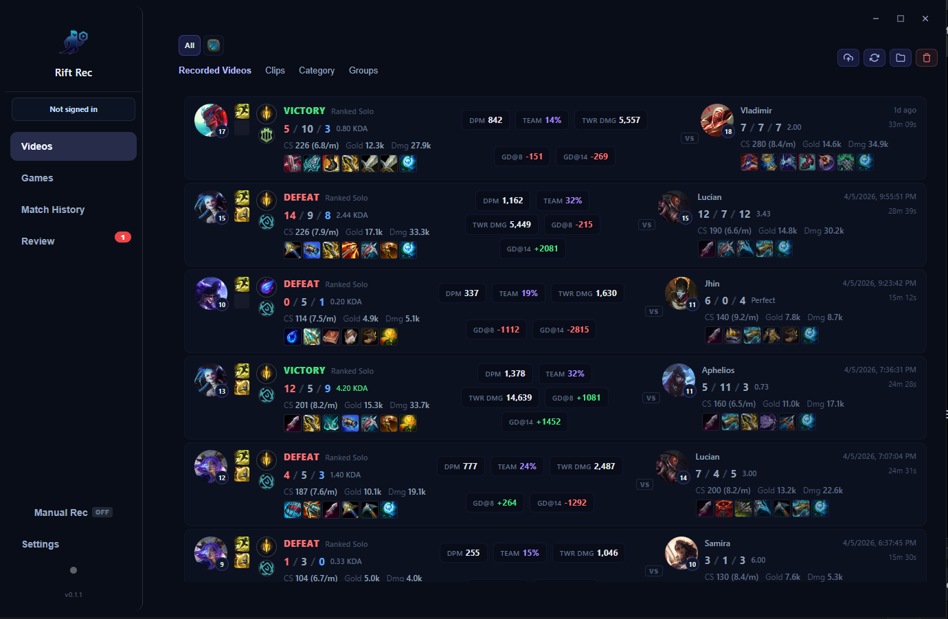 RiftRec recordings library for League of Legends matches