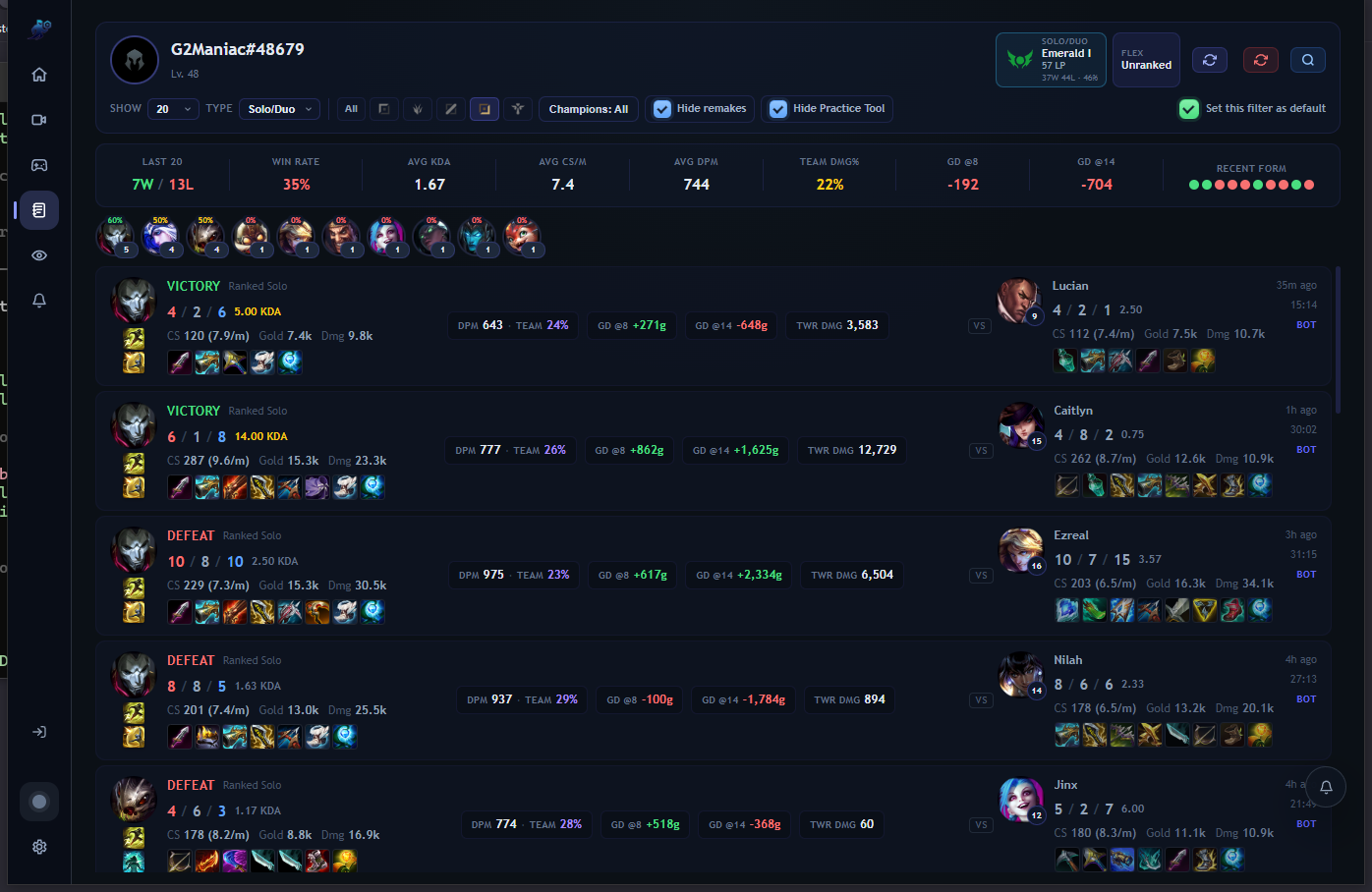 RiftRec match history screen showing League match data, ranks, champions, KDA, CS, gold, damage, and matchup context