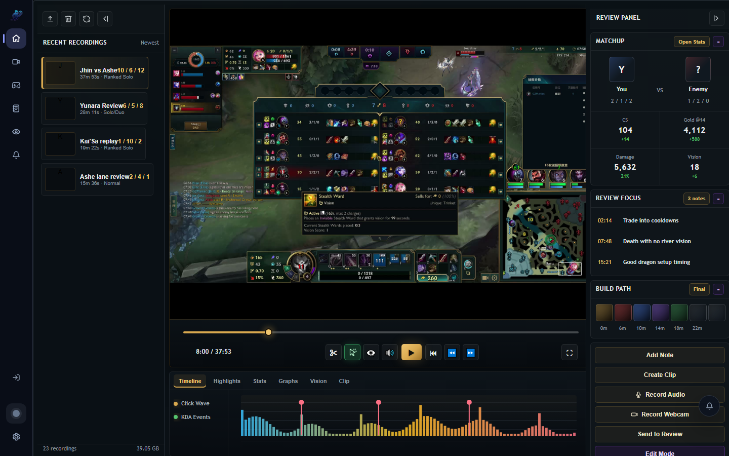 RiftRec review player showing a recorded League VOD with timeline controls, clicks, notes, and review tools