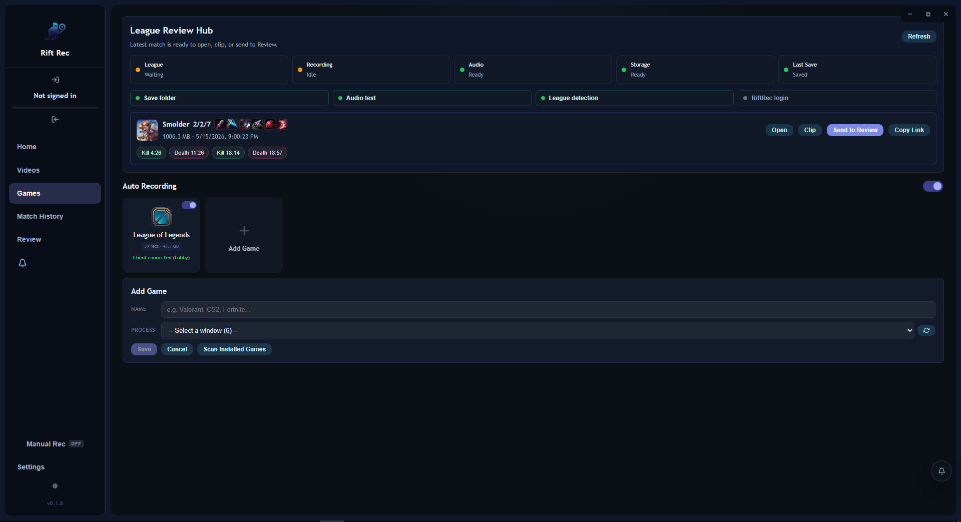 RiftRec games configuration tab showing auto recording, audio test, League detection, and add game controls