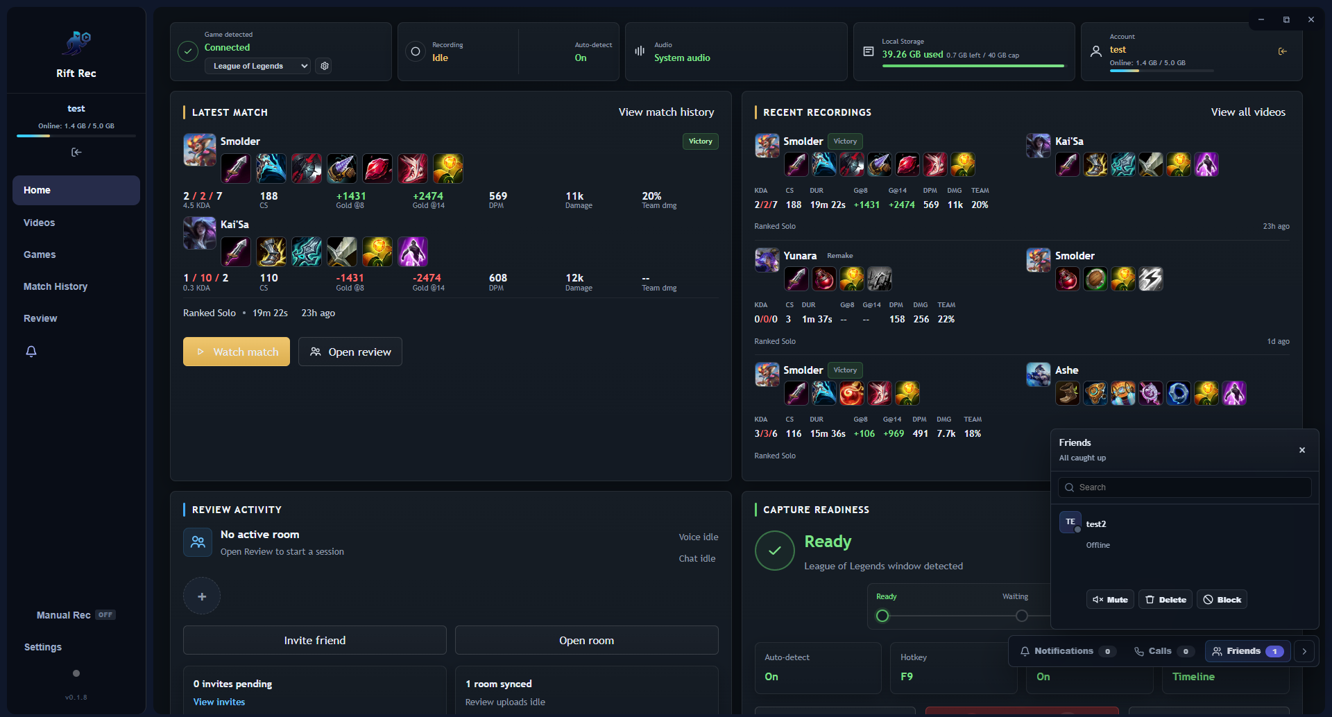 RiftRec home dashboard showing game detection, latest match, recent recordings, storage, and capture readiness