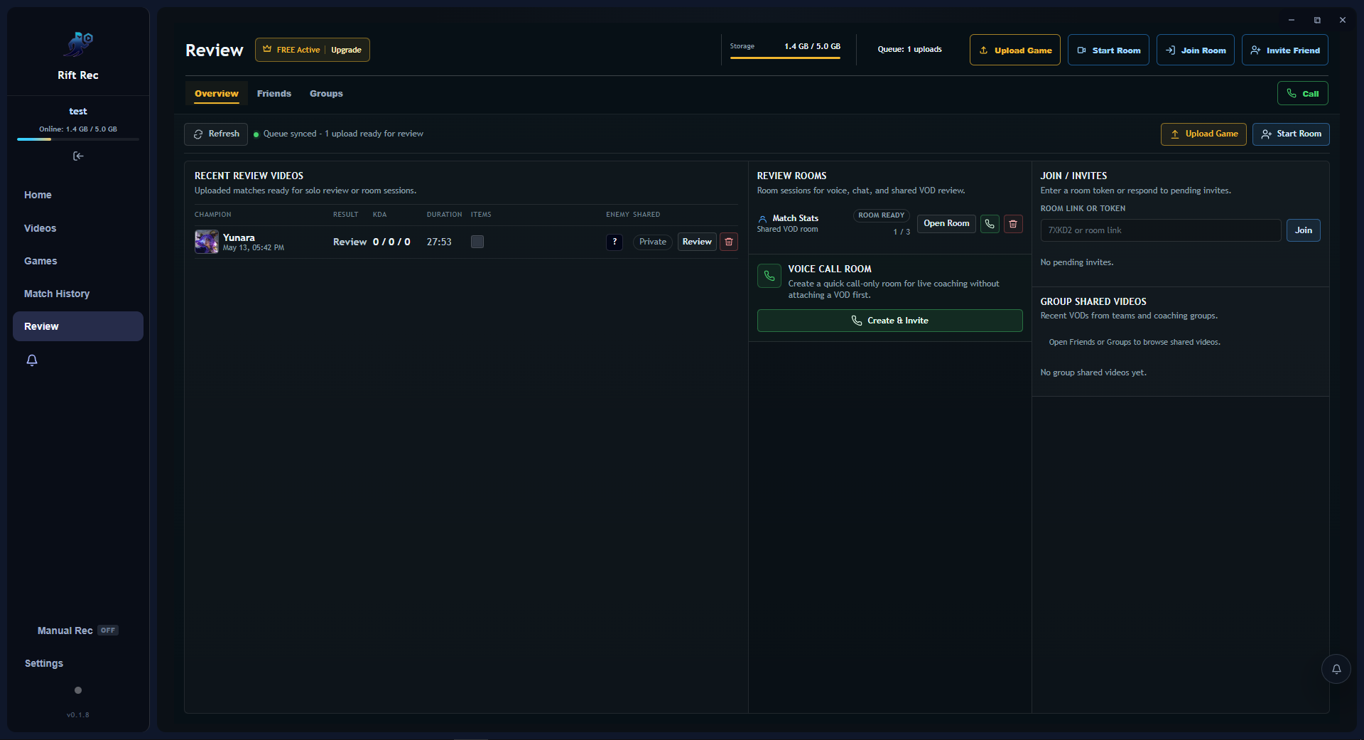 RiftRec Review dashboard showing uploaded VODs, room controls, group videos, and upgrade status