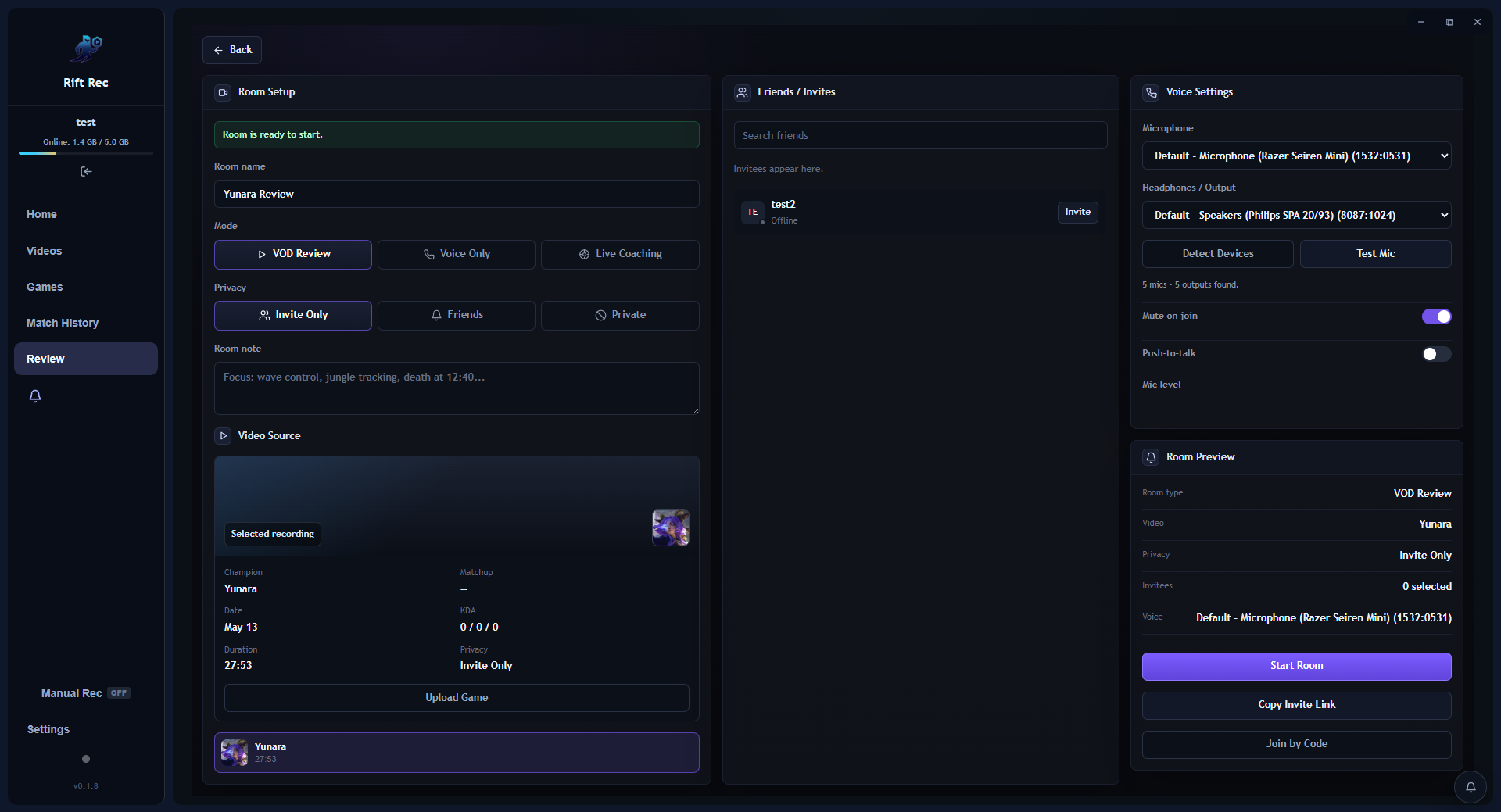 RiftRec room setup screen with invite controls, voice device settings, and room preview