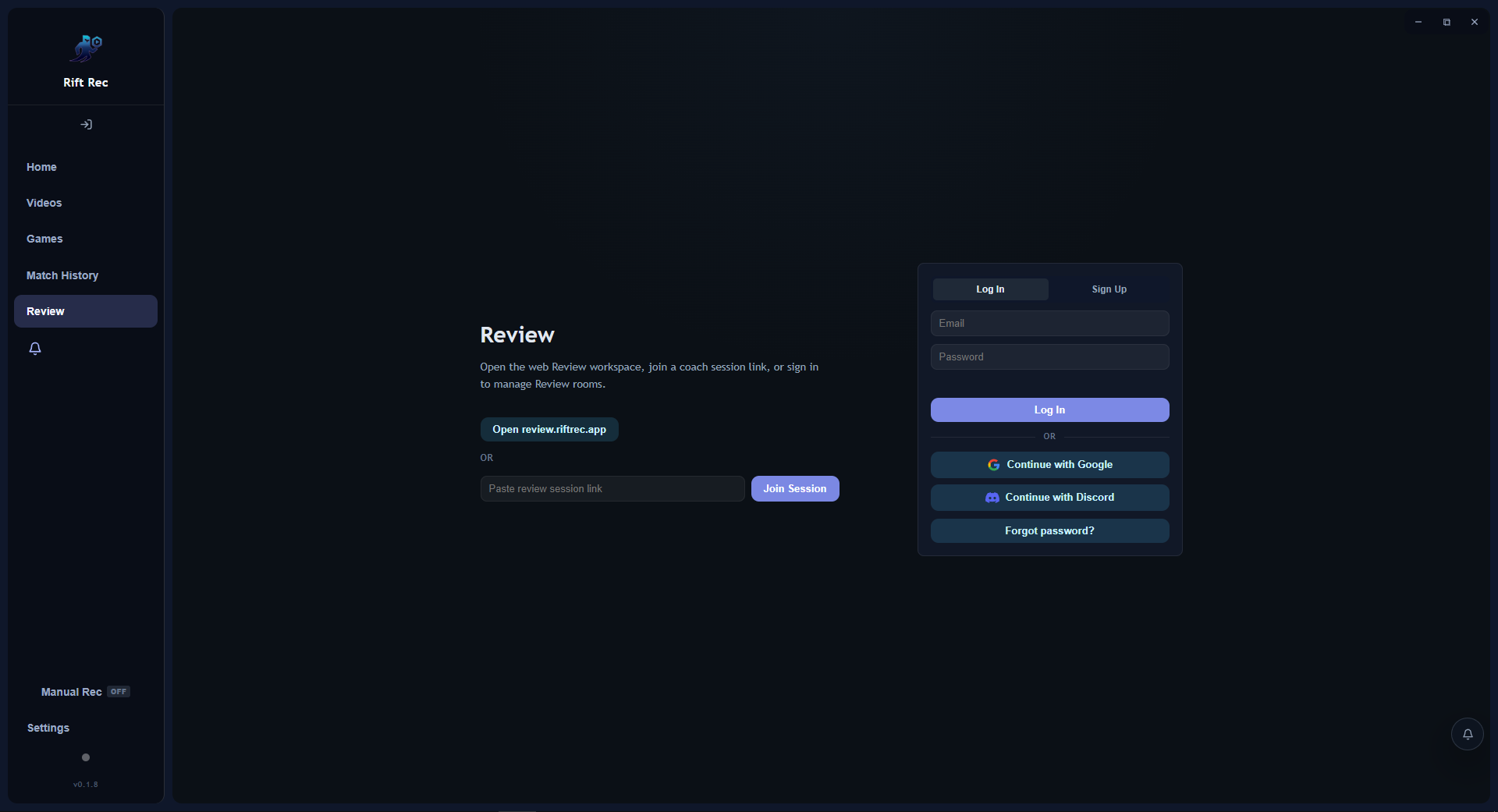 RiftRec Review sign in and join session screen