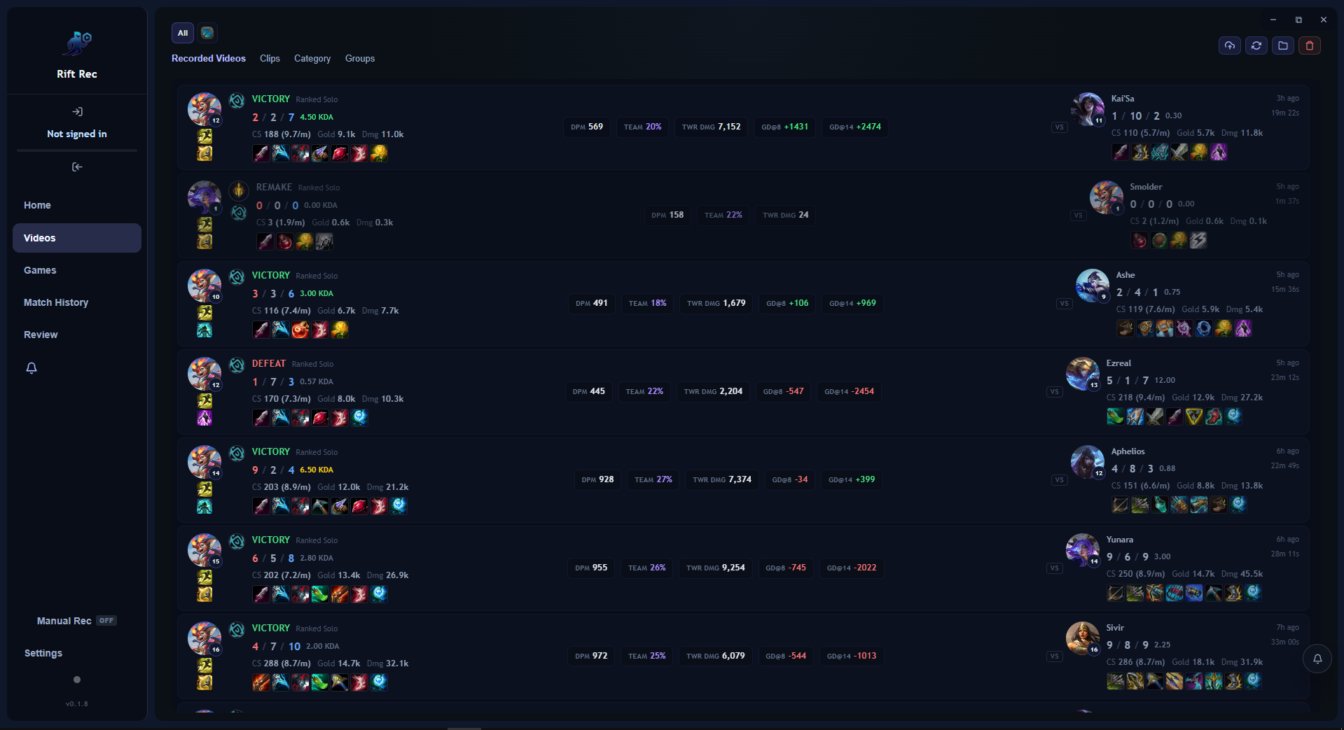 RiftRec videos tab showing recorded League of Legends matches with KDA, items, matchups, and review actions