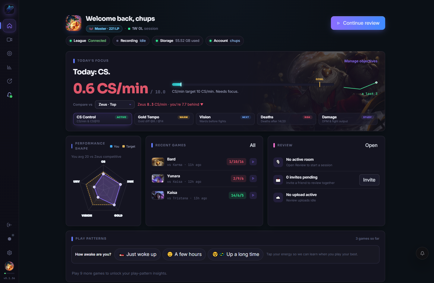 RiftRec Home dashboard with today's objective, performance radar and recent games