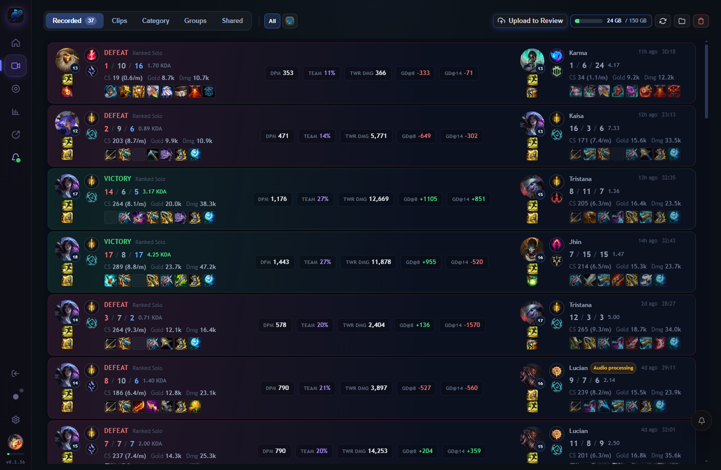RiftRec Videos tab: recorded League games as win/loss cards