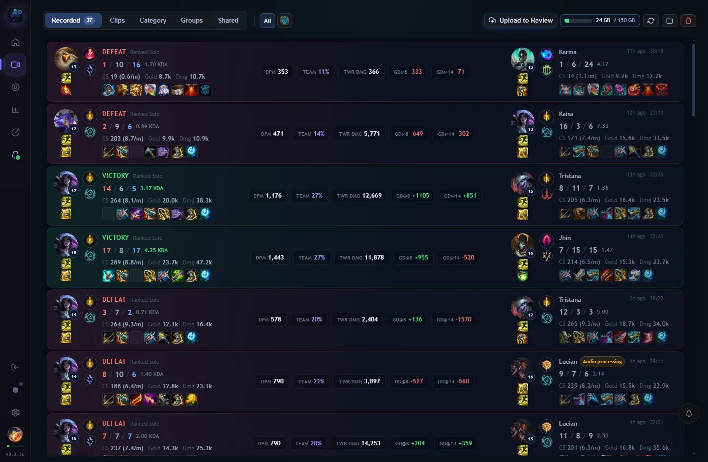 Pestaña Vídeos de RiftRec: partidas de League grabadas como tarjetas de victoria/derrota