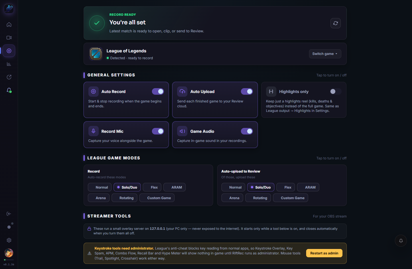RiftRec Games tab with auto-record toggles and queue selection