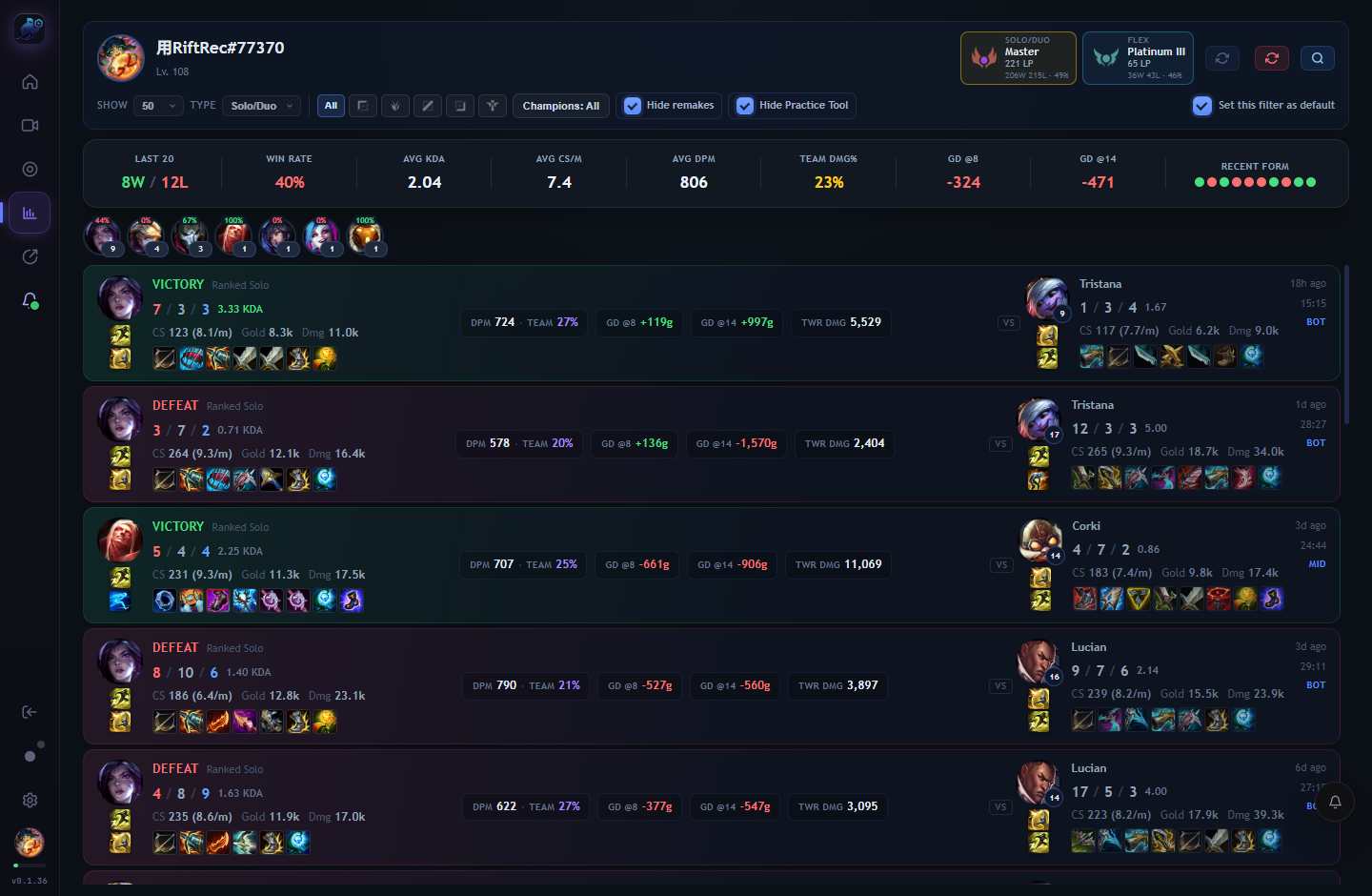 RiftRec Match History with rank, summary stats and win/loss cards