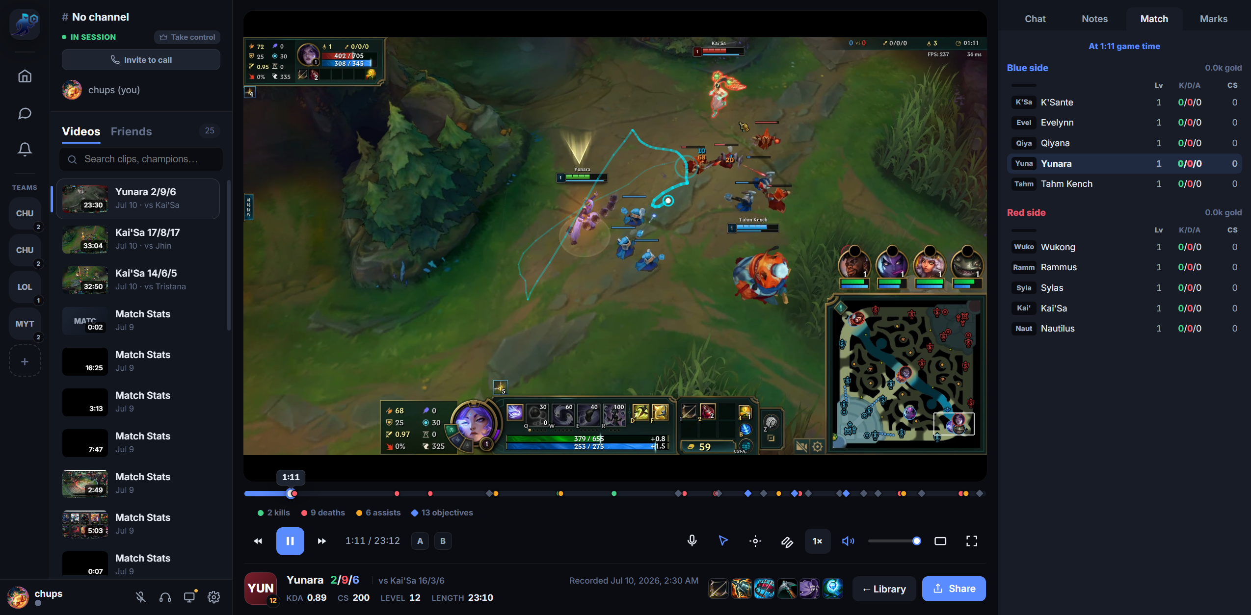 Match stats panel beside the VOD in a RiftRec Review room