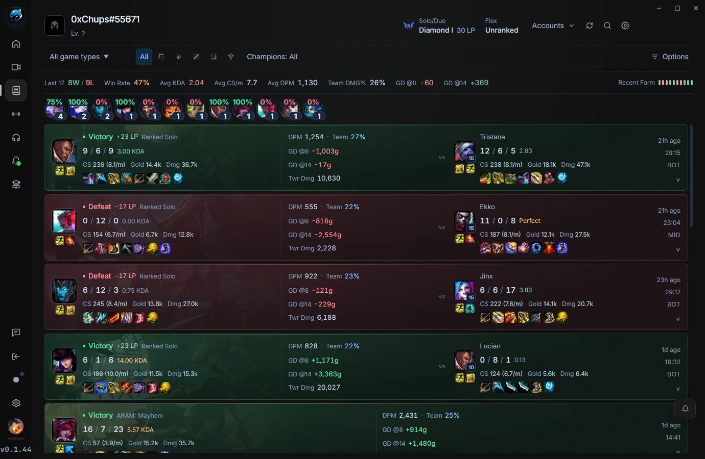 RiftRec match history with game results and statistics