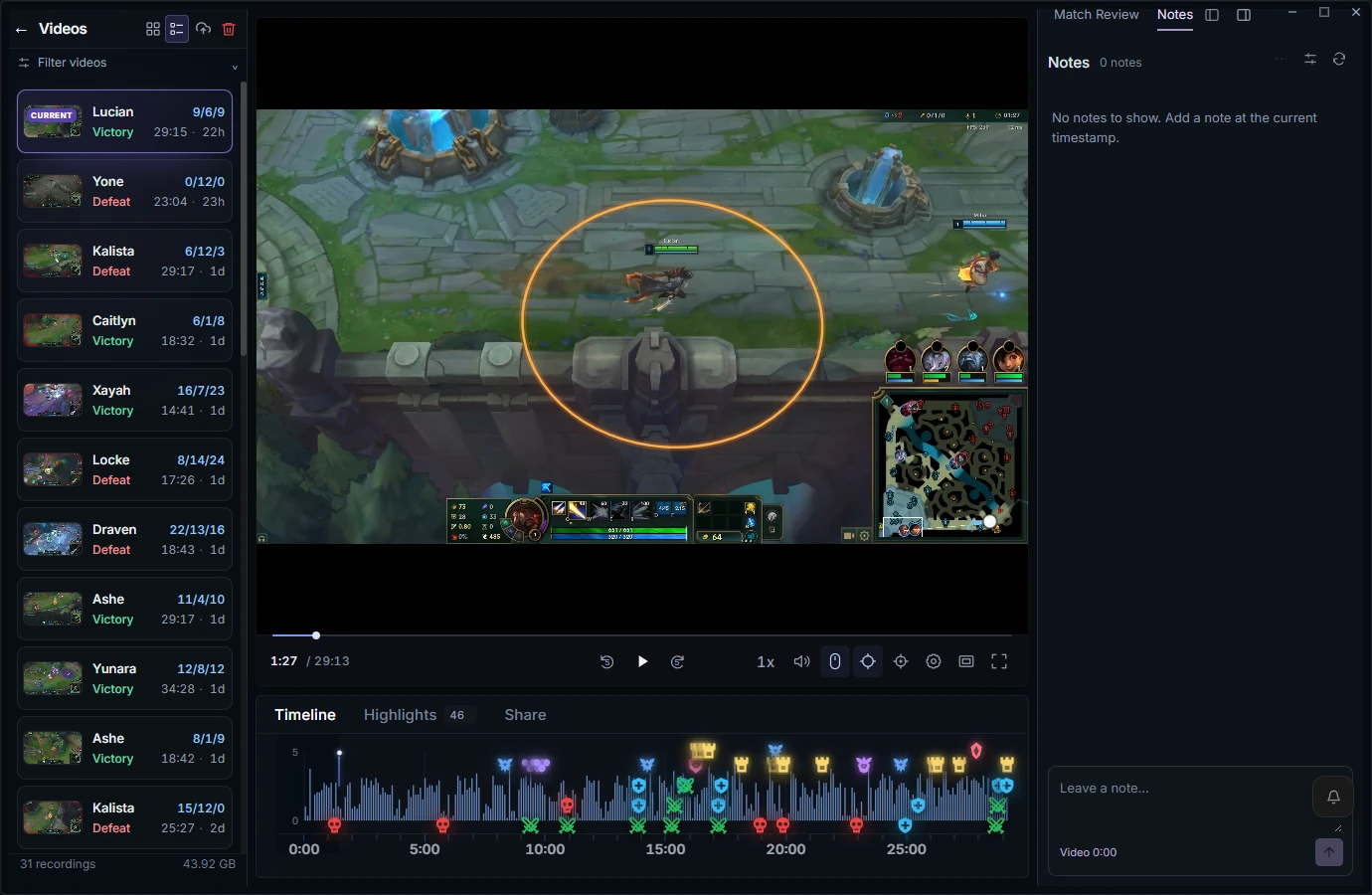 RiftRec Lucian replay with recorded mouse tracking, attack range and timeline