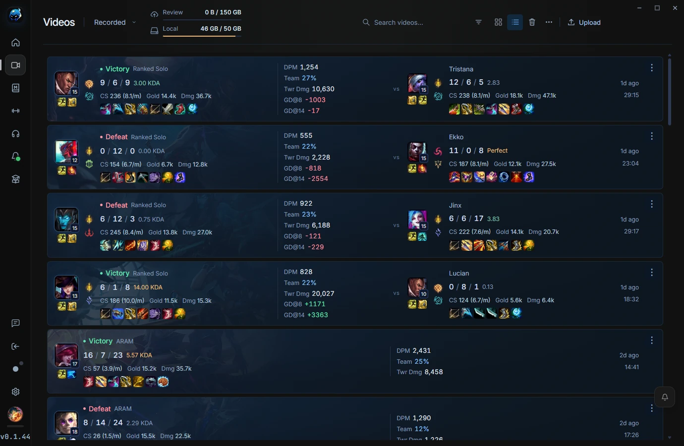 RiftRec recording library with champions and match results